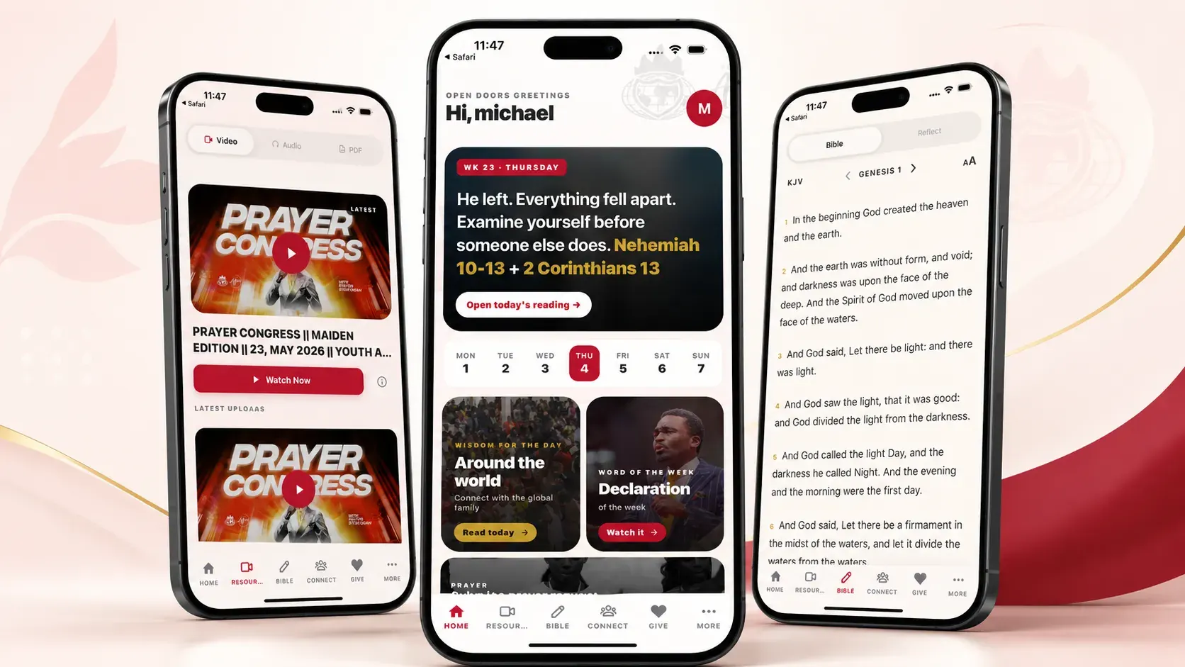 Youth Alive Global app shown on three phones — Resources, Home and Bible screens